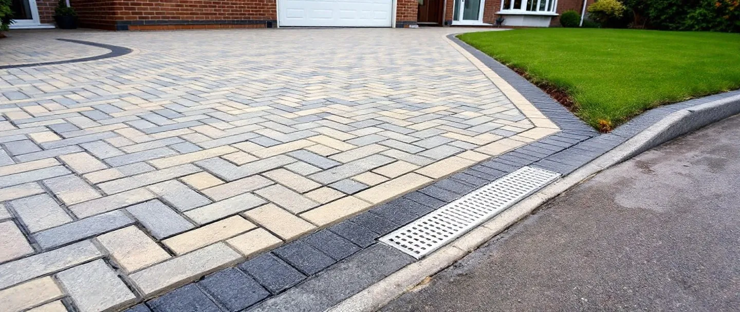 Block paving driveway edged with a contrasting kerb and a channel drain