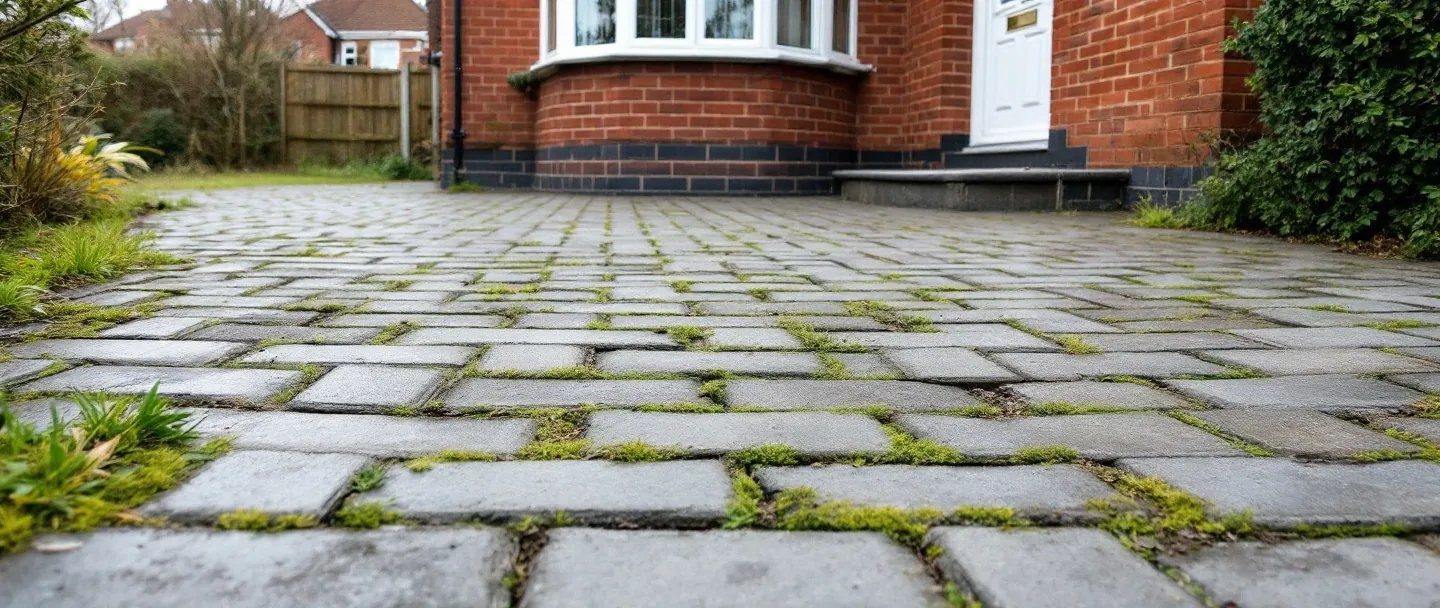 Sunken and weedy block paving before it is relaid